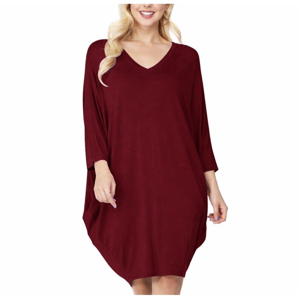 Women's Size M Loose Fit Dress Side Draped Dolman Sleeve Red Stretch Pullover